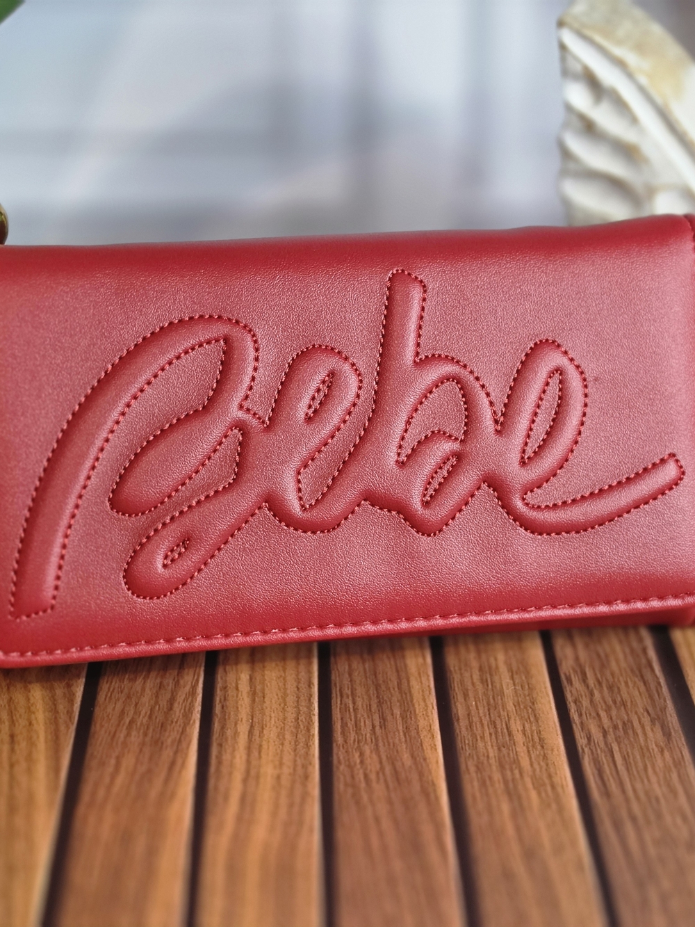 NWT Bebe Red Trifold Wallet Embossed Logo Faux Leather Snap Closure